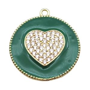 copper heart pendant pave zircon with green enameling, gold plated, approx 25mm dia [FN15541]