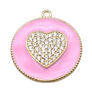 copper heart pendant pave zircon with pink enameling, gold plated, approx 25mm dia [FN15542]