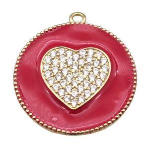 copper heart pendant pave zircon with red enameling, gold plated, approx 25mm dia [FN15543]