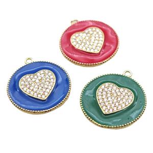copper heart pendant pave zircon with enameling, mixed color, gold plated, approx 25mm dia [FN15544]