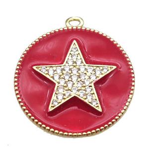 copper star pendant pave zircon with red enameling, gold plated, approx 25mm dia [FN15550]