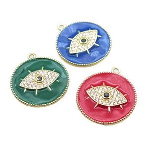 copper eye pendant pave zircon with enameling, mixed color, gold plated, approx 25mm dia [FN15557]