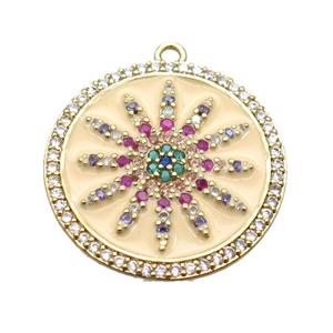copper sunflower pendant pave zircon with enameling, gold plated, approx 25mm dia [FN15558]