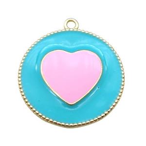 copper heart pendant with pink enameling, gold plated, approx 25mm dia [FN15563]