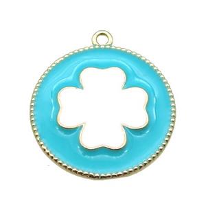 copper clover pendant with aqua enameling, gold plated, approx 25mm dia [FN15570]