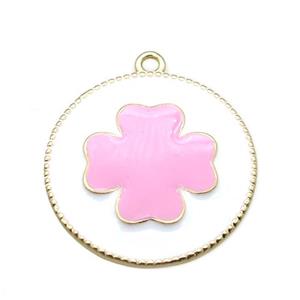 copper clover pendant with pink enameling, gold plated, approx 25mm dia [FN15571]