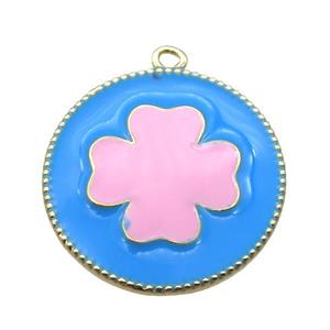 copper clover pendant with pink enameling, gold plated, approx 25mm dia [FN15572]