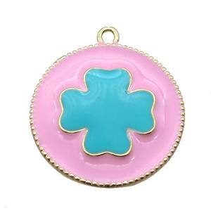 copper clover pendant with pink enameling, gold plated, approx 25mm dia [FN15574]