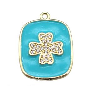 copper clover pendant pave zircon with aqua enameling, gold plated, approx 16-19mm [FN15601]