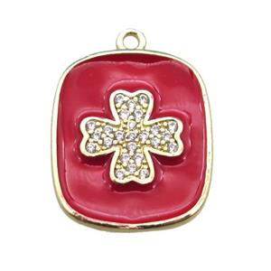 copper clover pendant pave zircon with red enameling, gold plated, approx 16-19mm [FN15602]