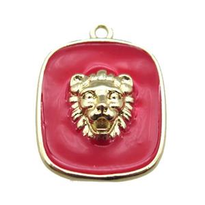 copper lionhead pendant with red enameling, gold plated, approx 16-19mm [FN15614]