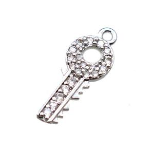 copper key pendant paved zircon, platinum plated, approx 7-17mm [FN15631]