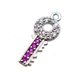 copper key pendant paved zircon, platinum plated, approx 7-17mm [FN15632]