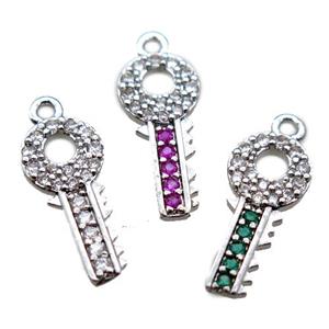 copper key pendant paved zircon, mixed, platinum plated, approx 7-17mm [FN15634]
