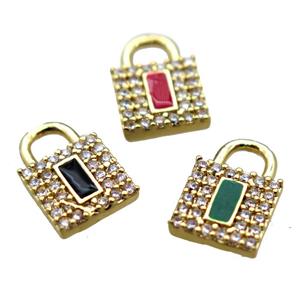 copper lock pendant paved zircon, mix, gold plated, approx 8-12mm [FN15644]