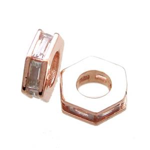 copper hexagon beads paved zircon, rose gold, approx 10mm dia [FN15650]