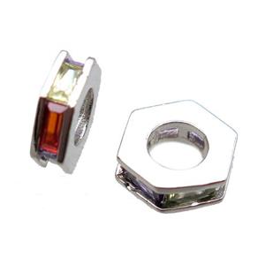 copper hexagon beads paved zircon, platinum plated, approx 10mm dia [FN15653]