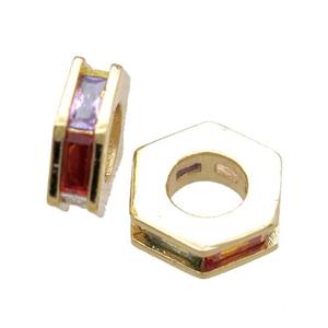copper hexagon beads paved zircon, gold plated, approx 10mm dia [FN15654]