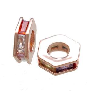 copper hexagon beads paved zircon, rose gold, approx 10mm dia [FN15656]