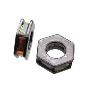 copper hexagon beads paved zircon, black plated, approx 10mm dia [FN15657]