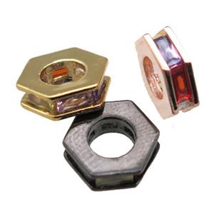 copper hexagon spacer beads paved zircon, mixed color, approx 10mm dia [FN15658]