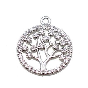 copper pendant paved zircon, tree of life, platinum plated, approx 15mm dia [FN15665]