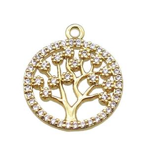 copper pendant paved zircon, tree of life, gold plated, approx 15mm dia [FN15666]