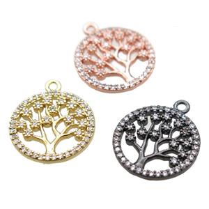 copper pendant paved zircon, tree of life, mixed color, approx 15mm dia [FN15669]
