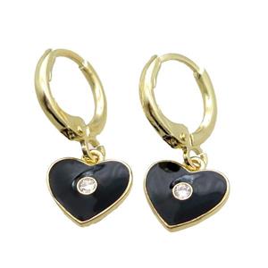 copper Hoop Earrings paved zircon, black enameling heart, gold plated, approx 10mm, 12mm dia [FN15692]