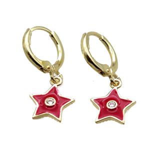 copper Hoop Earrings paved zircon, red enameling star, gold plated, approx 10mm, 12mm dia [FN15695]
