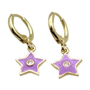 copper huggie Hoop Earrings paved zircon, lavender enameling star, gold plated, approx 10mm, 12mm dia [FN15696]