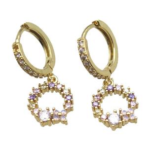 copper Hoop Earrings paved zircon, christmas wreath, gold plated, approx 11mm, 14mm dia [FN15699]