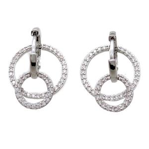 copper Hoop Earrings paved zircon, circle, platinum plated, approx 10mm, 16mm, 15mm dia [FN15701]