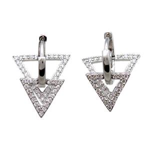 copper Hoop Earrings paved zircon, triangle, platinum plated, approx 12mm, 16mm, 15mm dia [FN15703]