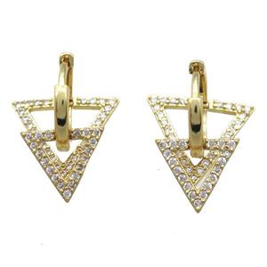 copper Hoop Earrings paved zircon, triangle, gold plated, approx 12mm, 16mm, 15mm dia [FN15704]