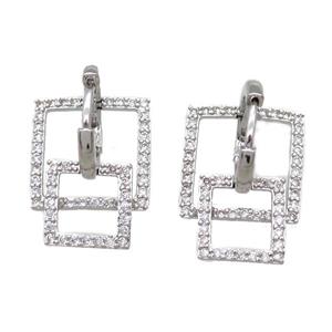 copper huggie Hoop Earrings paved zircon, square, platinum plated, approx 10mm, 15mm, 15mm dia [FN15705]