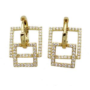 copper Hoop Earrings paved zircon, square, gold plated, approx 10mm, 15mm, 15mm dia [FN15706]