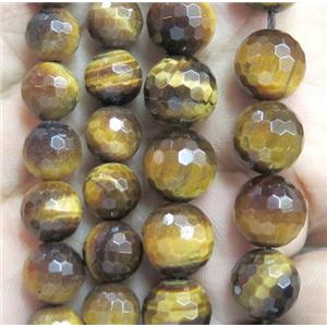 natural tiger eye stone bead, A-grade, faceted round, yellow, approx 6mm dia [GAM67-6MM]