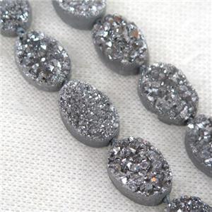 silver druzy quartz beads, oval, approx 13x18mm, 11pcs per st [GASA1730]