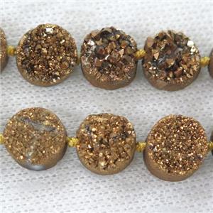 golden druzy quartz beads, circle, approx 12mm dia, 16pcs per st [GASA1734]