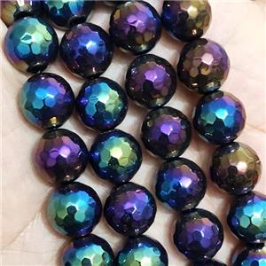 faceted round Black Agate beads with rainbow electroplated, approx 6mm dia [GB11158-6MM]
