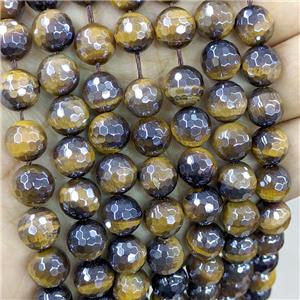 yellow Tiger eye stone beads, faceted round, light electroplated, approx 12mm dia [GB11354-12MM]