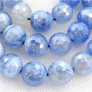 Natural Striped Agate Beads Banded Blue Dye Faceted Round Light Electroplated, approx 8mm dia [GB11421-8MM]