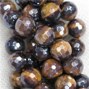 Tiger eye stone beads, faceted round, light electroplated, approx 8mm dia [GB11590-8MM]