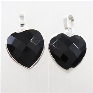 black onyx agate heart pendant, silver plated, approx 12mm [GM10203]