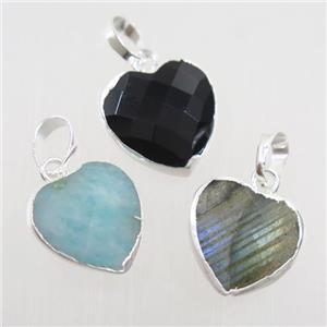 mix gemstone pendant, faceted heart, silver plated, approx 12mm [GM10204]
