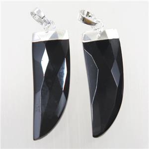 black Onyx Agate horn pendant, silver plated, approx 10-30mm [GM10217]