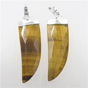 yellow Tiger eye stone pendant, faceted horn, silver plated, approx 10-30mm [GM10219]