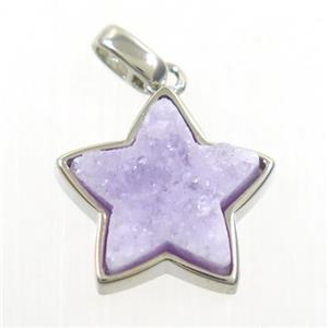 purple druzy quartz pendant, star, platinum plated, approx 15mm dia [GM10234]