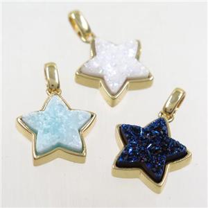 druzy quartz star pendant, mix color, gold plated, approx 15mm dia [GM10240]